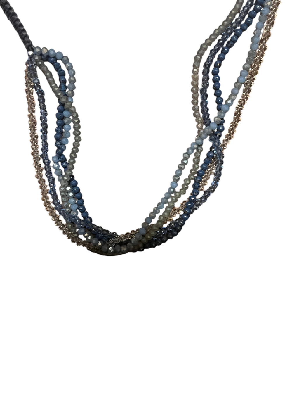 Recycle Me Fancy vintage multi-strand necklace with blue, gray, and clear crystal beads and silver-tone chain.