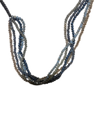 Recycle Me Fancy vintage multi-strand necklace with blue, gray, and clear crystal beads and silver-tone chain.