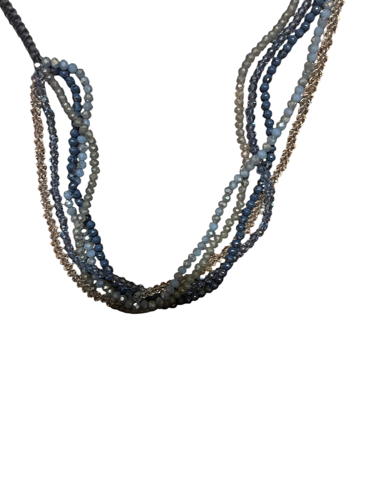 Recycle Me Fancy vintage multi-strand necklace with blue, gray, and clear crystal beads and silver-tone chain.