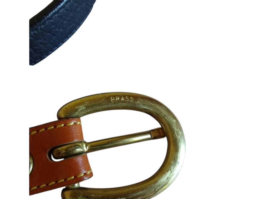 Recycle Me Fancy vintage Dooney & Bourke belt buckle in brass with British Tan leather strap and contrast stitching