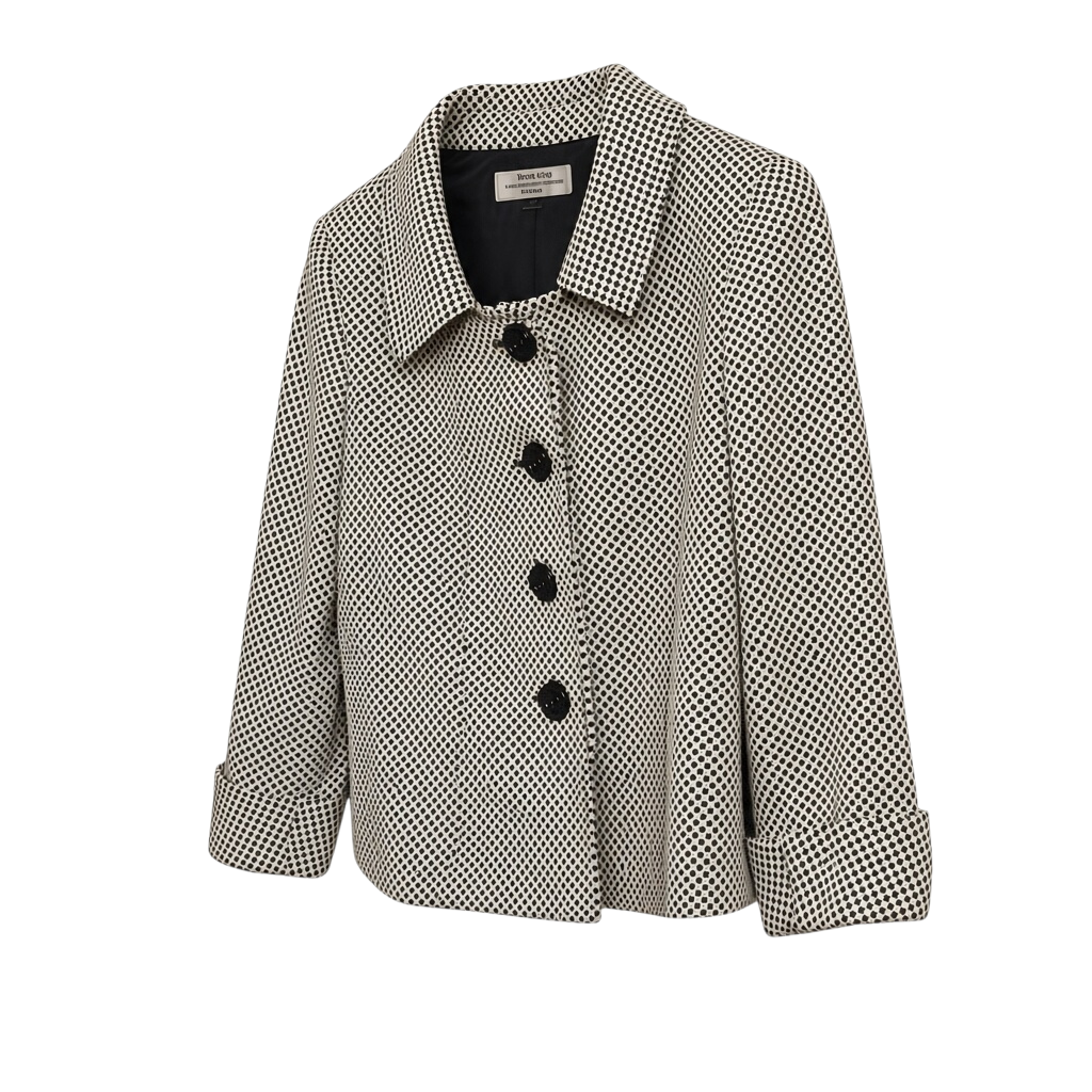 Recycle Me Fancy Tahari petite black and white check swing jacket with 3/4 bell sleeves and four statement buttons.