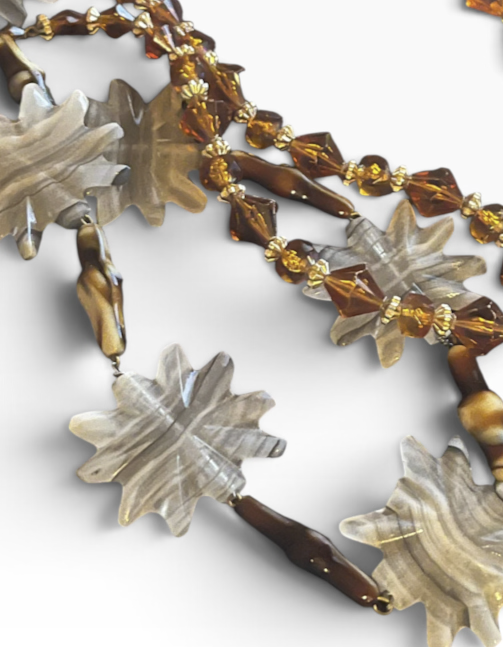 Vintage Carved Banded Agate Star Flower Necklace with Amber Crystal Beads