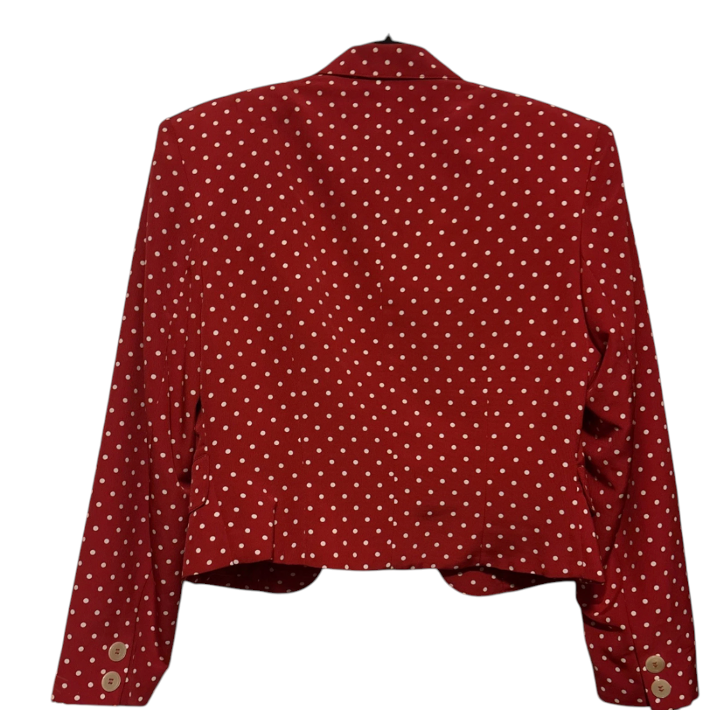Back view of a vintage 1990s Recycle Me Fancy ESPRIT cropped blazer in red with a white polka dot pattern.