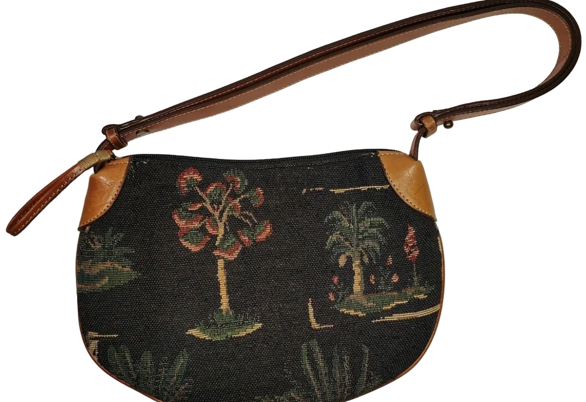 Vintage Tommy Bahama Small Tropical Tapestry Shoulder Bag – Black & Cognac
