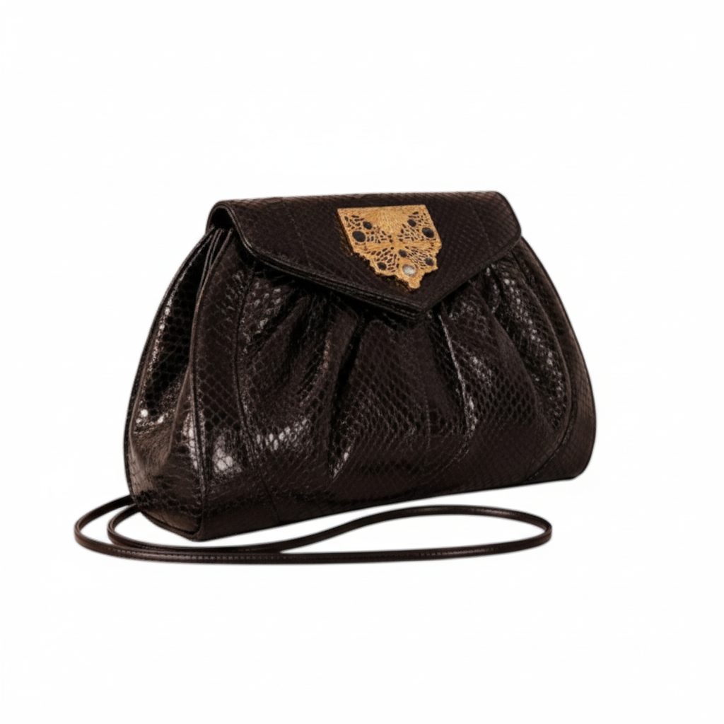 Vintage Pantera Black Snakeskin-Textured Hard-Body Crossbody Bag