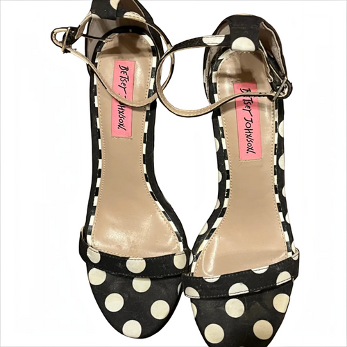 Recycle Me Fancy Betsey Johnson black and white polka dot stiletto sandals with ankle straps and checkerboard trim.