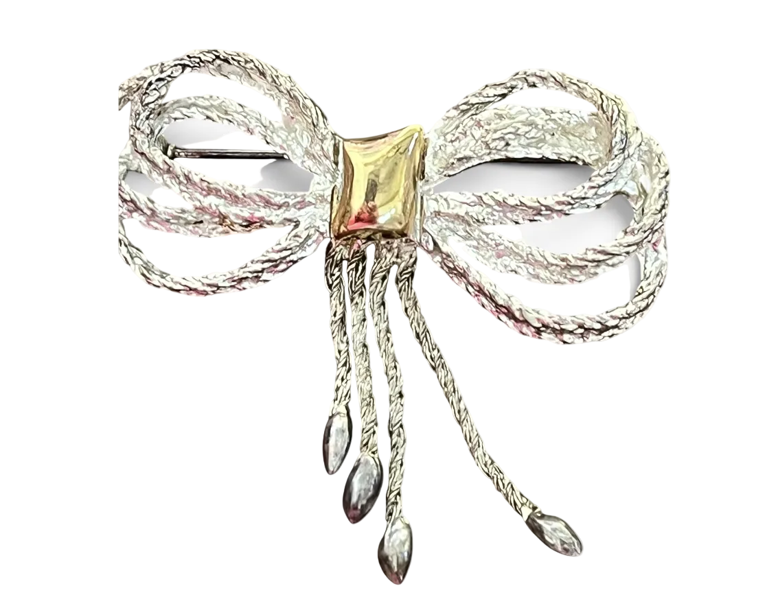 Silver-Tone Bow Brooch with Beaded Tassels — Vintage Ribbon Pin