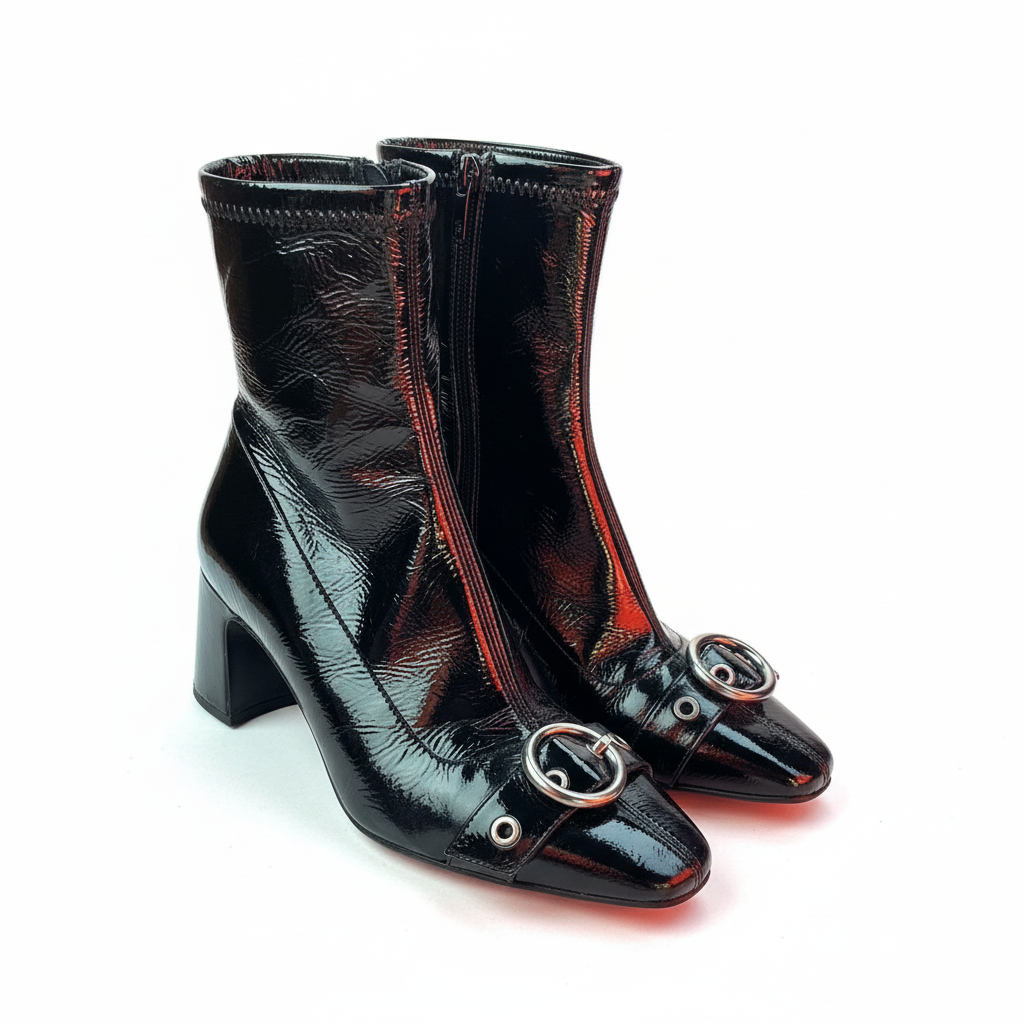 Zara Black Crinkle Patent Ankle Boots | Size 7.5