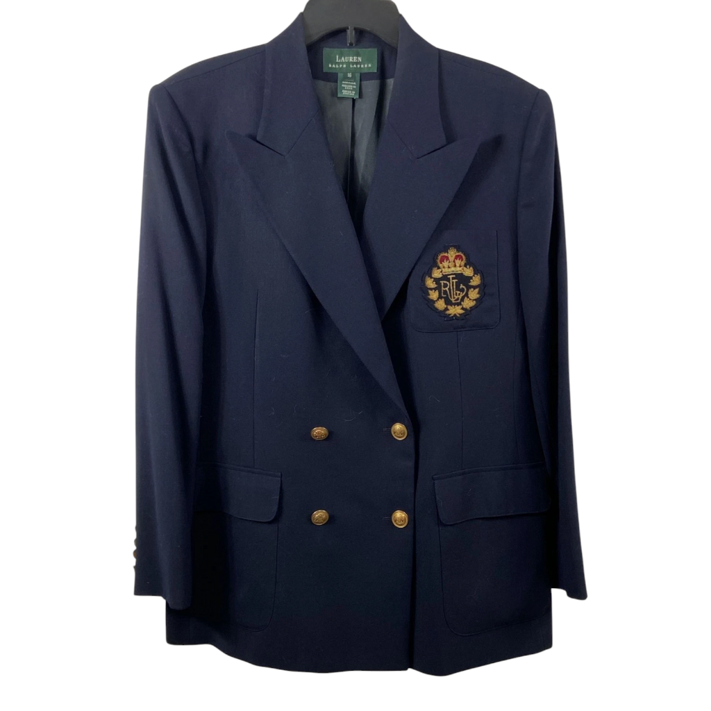 Recycle Me Fancy vintage Lauren Ralph Lauren navy wool double-breasted blazer with gold crest buttons and RL logo