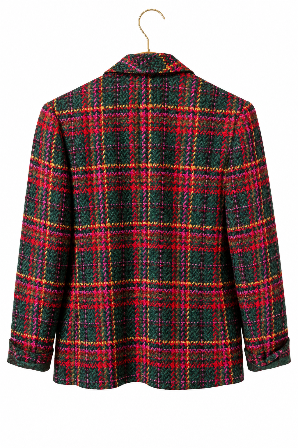 Recycle Me Fancy vintage Pendleton petite blazer in black, pink, gold, and purple wool plaid with a notch lapel.