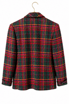 Recycle Me Fancy vintage Pendleton petite blazer in black, pink, gold, and purple wool plaid with a notch lapel.