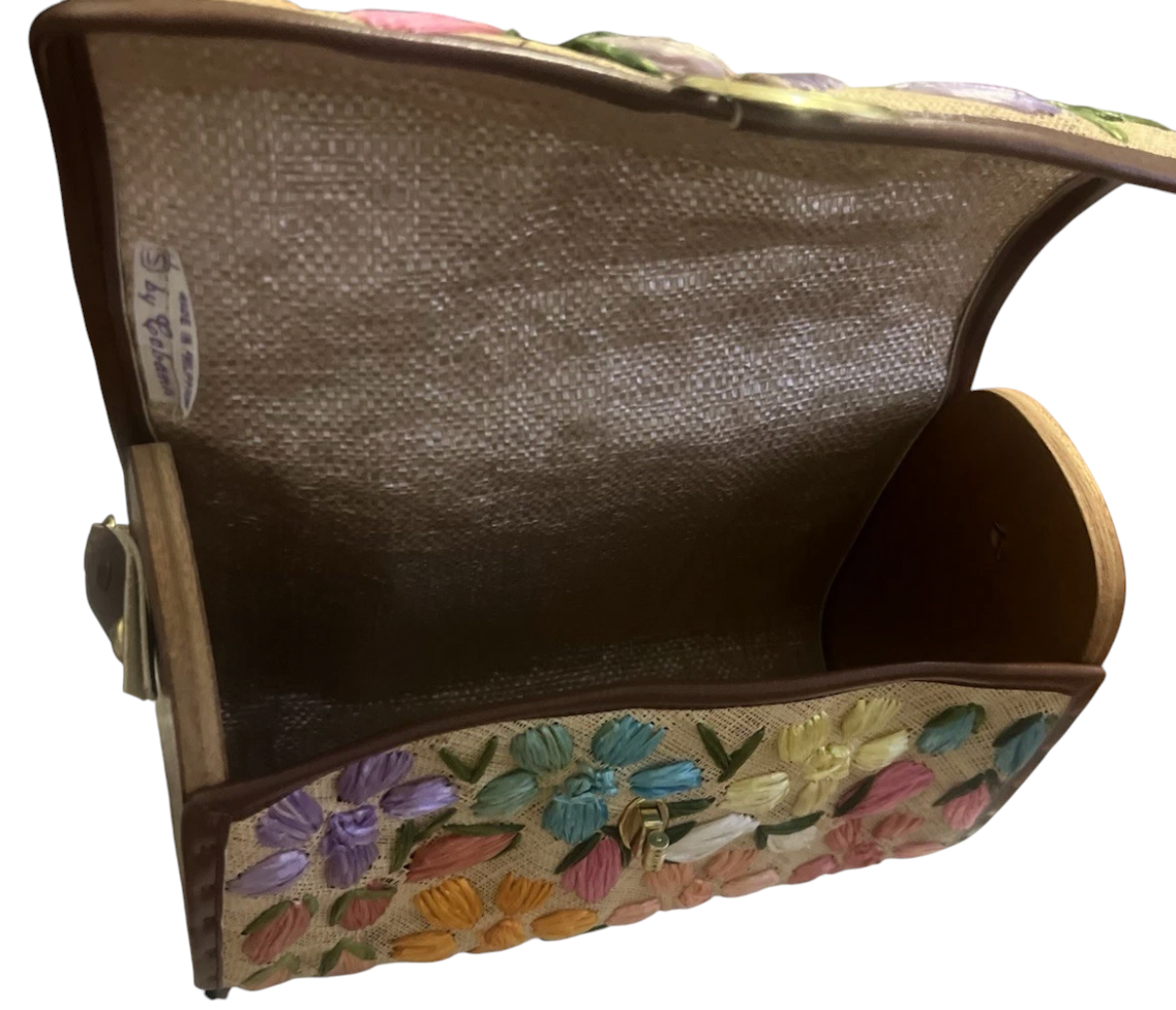 Recycle Me Fancy vintage raffia handbag with multicolor 3D floral embellishments and brown trim interior view
