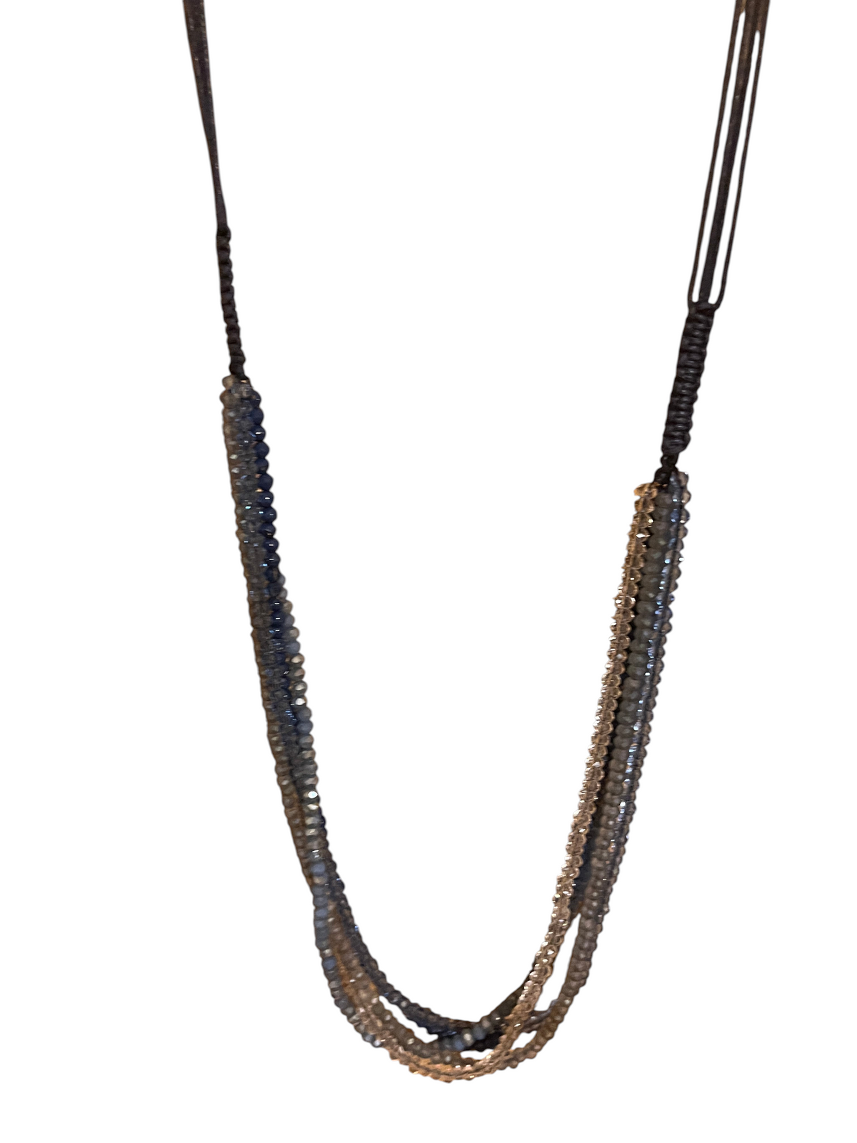 Recycle Me Fancy vintage multi-strand necklace with blue, gray, and clear crystal beads and silver-tone chain.