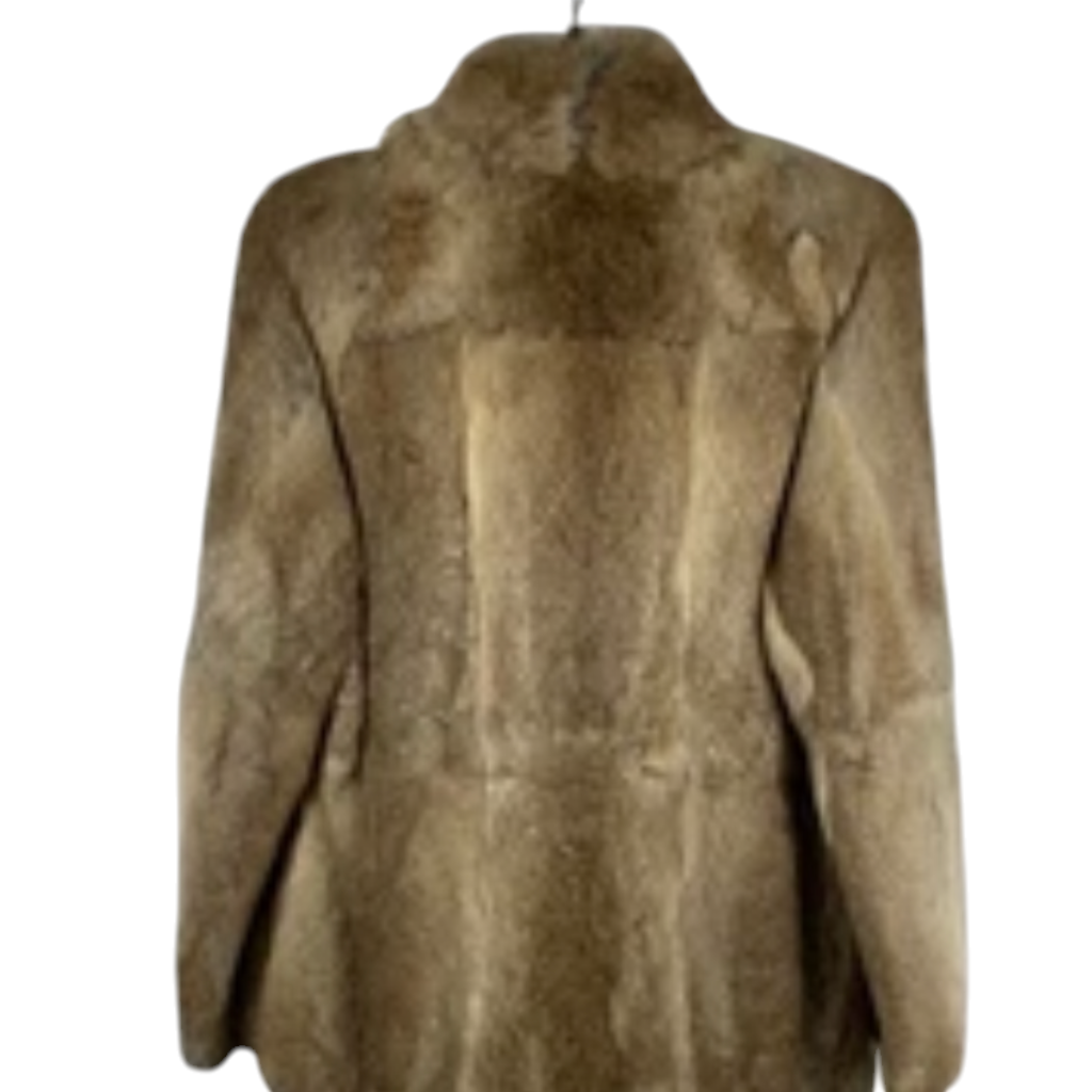 Back view of a vintage 90s Fur Experts brown genuine rabbit fur jacket with a notched collar from Recycle Me Fancy