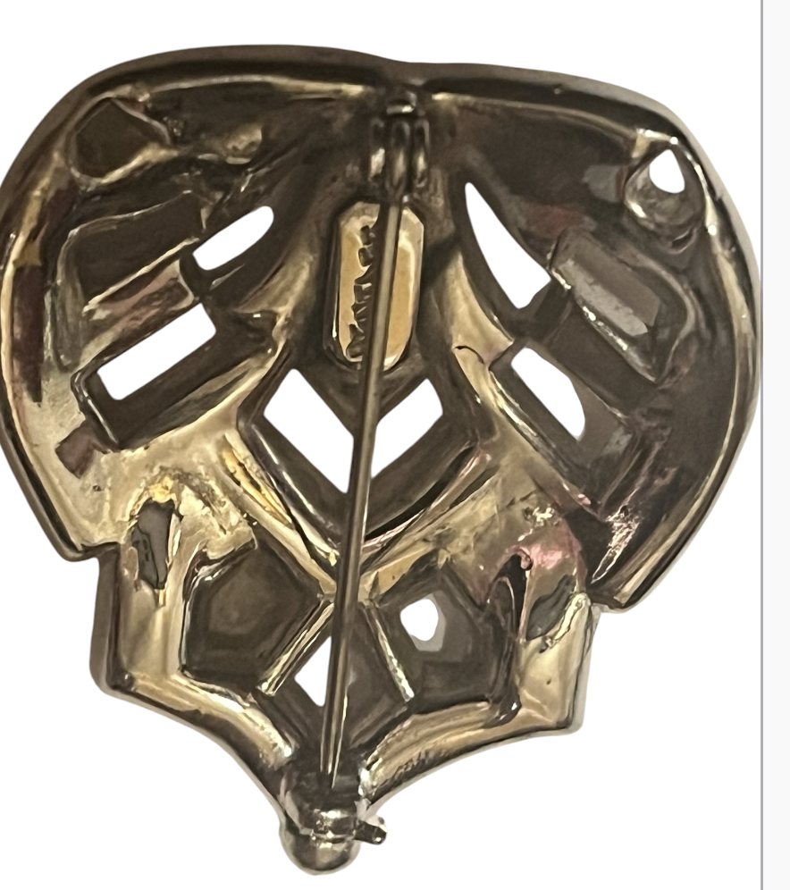Art Deco Rhinestone Shield Brooch — Marked Bentlee, Black Enamel