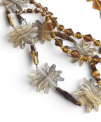 Vintage Carved Banded Agate Star Flower Necklace with Amber Crystal Beads