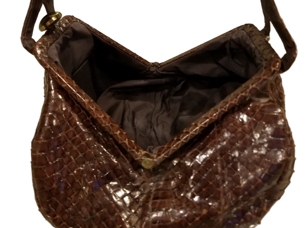 Vintage Brown Snakeskin Frame Handbag with Gold-Tone Clasp