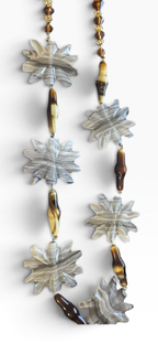Vintage Carved Banded Agate Star Flower Necklace with Amber Crystal Beads