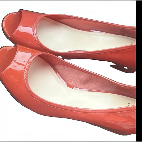 Recycle Me Fancy Cole Haan Nike Air coral red patent leather peep toe flats with comfortable cushioned insoles