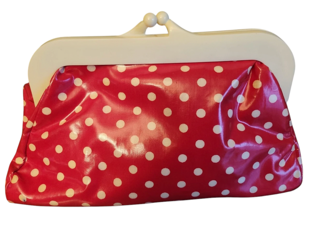 Recycle Me Fancy vintage Eugenie Buchner red vinyl clutch with white polka dots and ivory kiss-lock frame