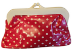 Recycle Me Fancy vintage Eugenie Buchner red vinyl clutch with white polka dots and ivory kiss-lock frame