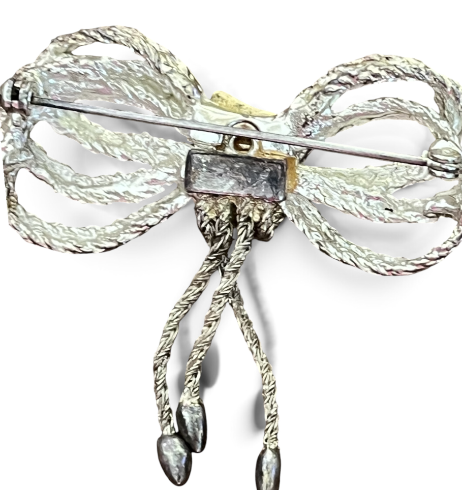 Silver-Tone Bow Brooch with Beaded Tassels — Vintage Ribbon Pin