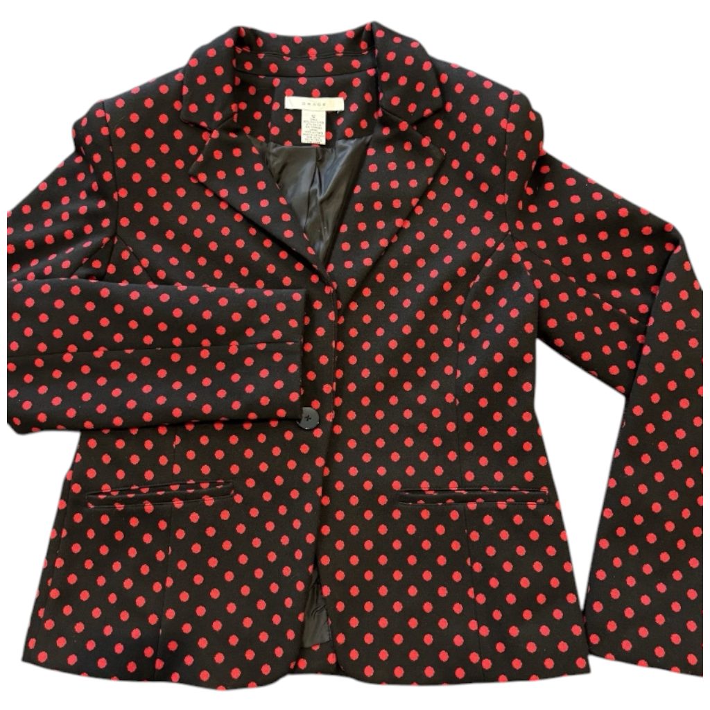 Recycle Me Fancy GRACE vintage-inspired black blazer with vibrant red polka dots, notched lapels, and single button.