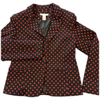 Recycle Me Fancy GRACE vintage-inspired black blazer with vibrant red polka dots, notched lapels, and single button.