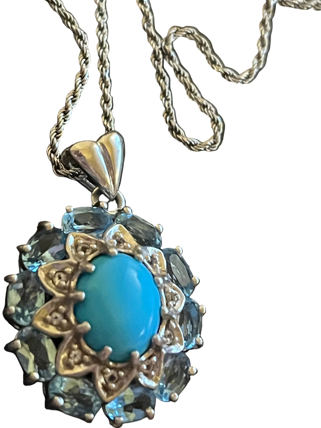 Sterling Silver Blue Cabochon & Pale Blue Halo Pendant