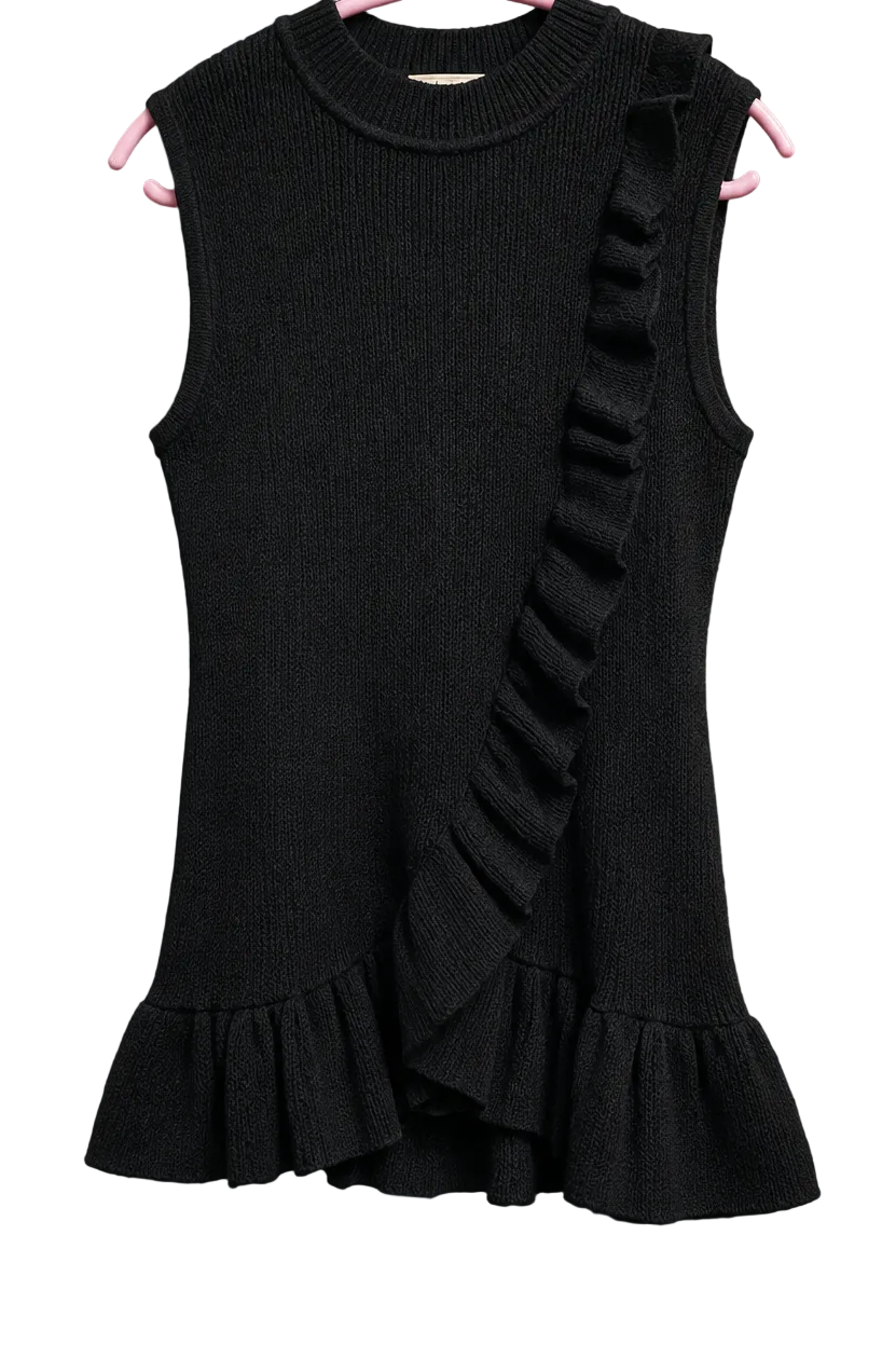 COMMENSE Black Sleeveless Ribbed Knit Top with Ruffle Detail