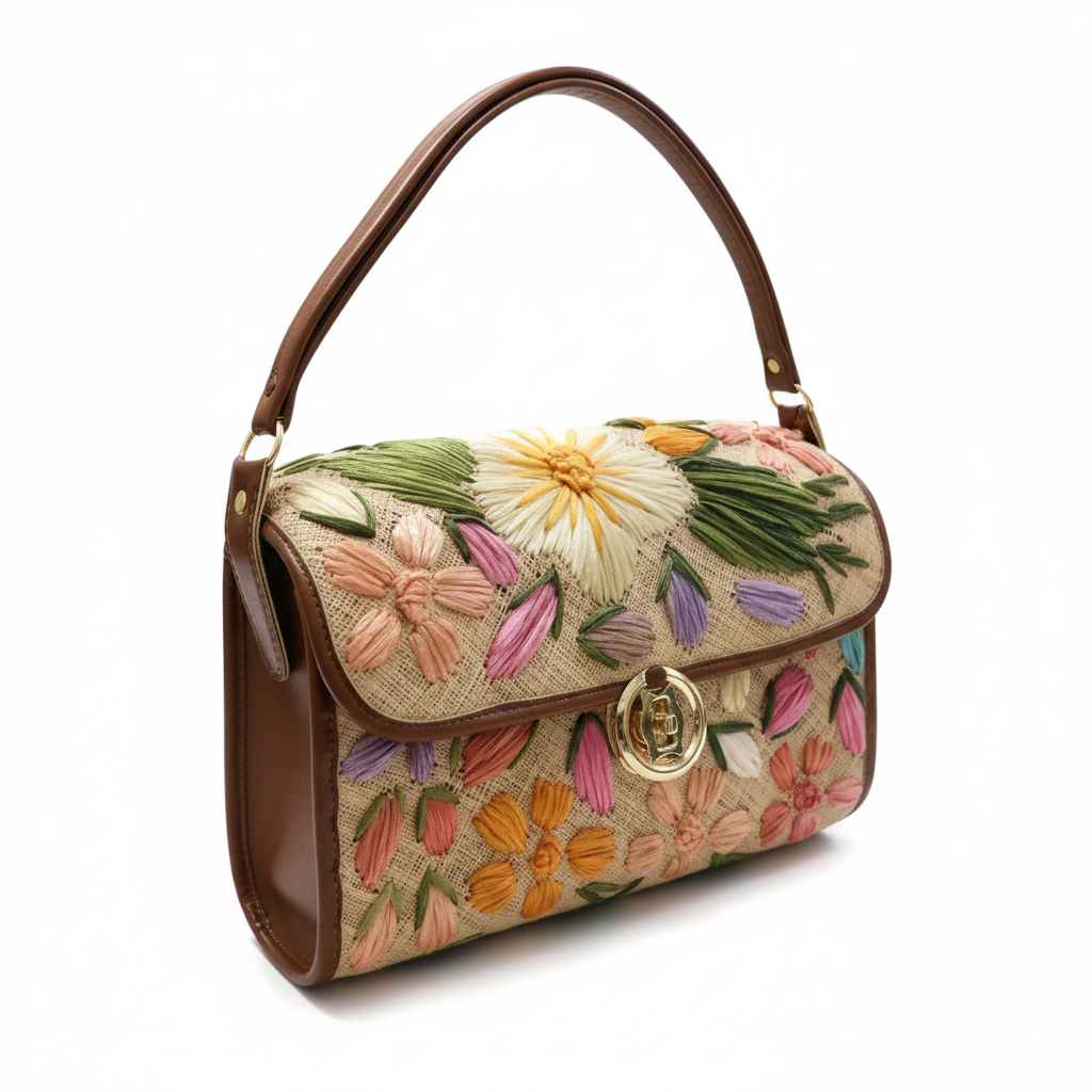 Vintage Raffia Floral Handbag — Multicolor 3D Flower Embellishment