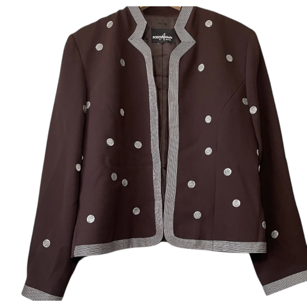 Recycle Me Fancy vintage chocolate brown crepe jacket with silver dot embellishments and striped trim
