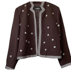 Recycle Me Fancy vintage chocolate brown crepe jacket with silver dot embellishments and striped trim