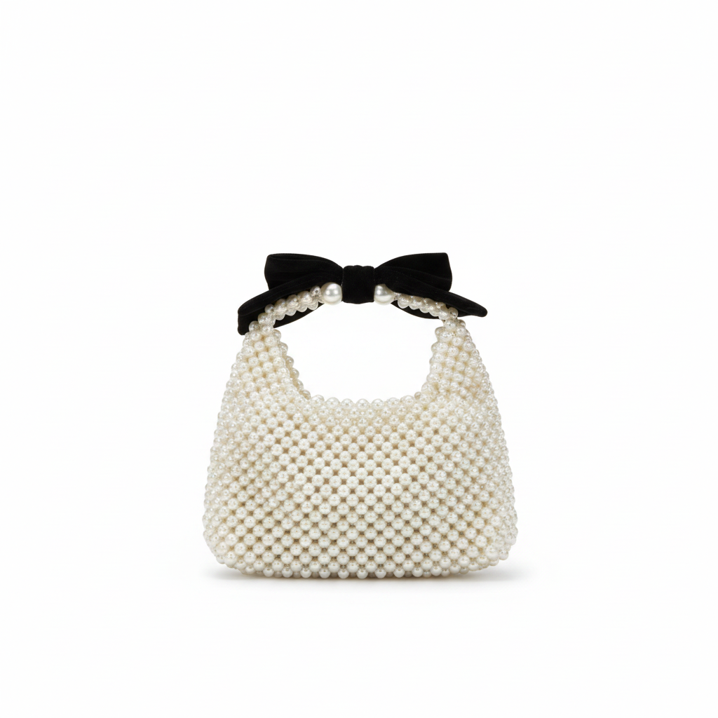 Pearl Beaded Top-Handle Handbag with Interchangeable Bow