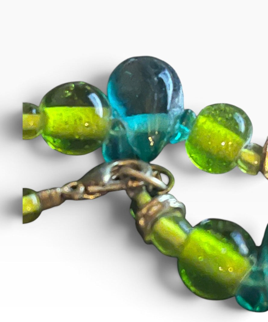 48” Vintage Lime & Teal Art Glass Bead Necklace with Teardrop Accentsh