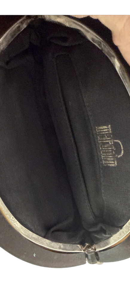 Recycle Me Fancy vintage snakeskin clutch interior featuring black fabric lining and metallic logo detail