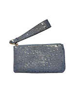 Recycle Me Fancy blue faux ostrich skin wristlet clutch with a textured finish and gold-tone hardware