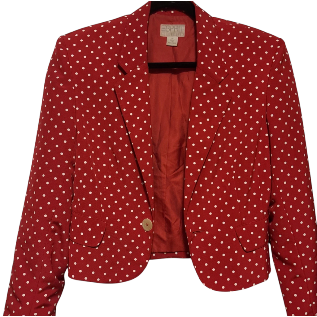 Recycle Me Fancy vintage 1990s ESPRIT red cropped blazer with white polka dots, notched lapels, and single button.