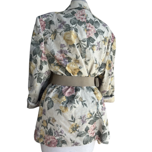 Recycle Me Fancy vintage Alfred Dunner floral blazer in ivory with botanical print, shown belted from the back.