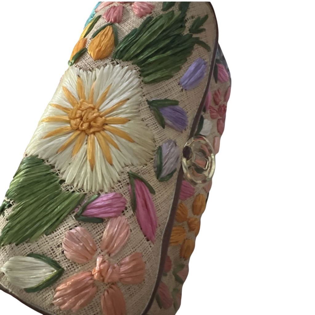 Recycle Me Fancy vintage raffia handbag with colorful 3D floral appliqué and gold-tone circular clasp detail