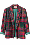 Recycle Me Fancy vintage Pendleton petite blazer in black, pink, gold, and purple wool plaid with notch lapels.