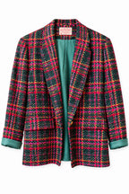 Recycle Me Fancy vintage Pendleton petite blazer in black, pink, gold, and purple wool plaid with notch lapels.