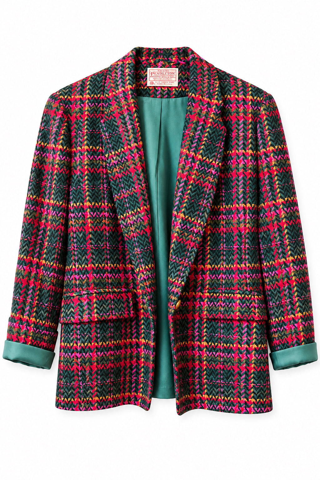 Recycle Me Fancy vintage Pendleton petite blazer in black, pink, gold, and purple wool plaid with notch lapels.