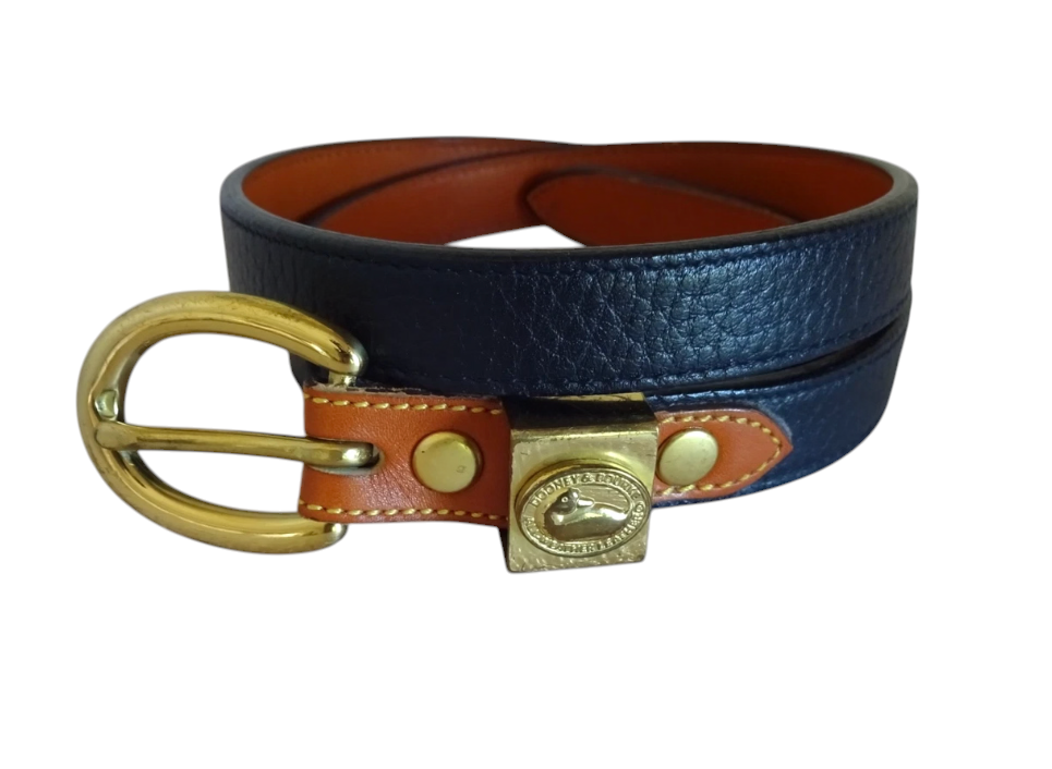 Recycle Me Fancy vintage Dooney & Bourke navy blue leather belt with British Tan accents and brass duck logo buckle.