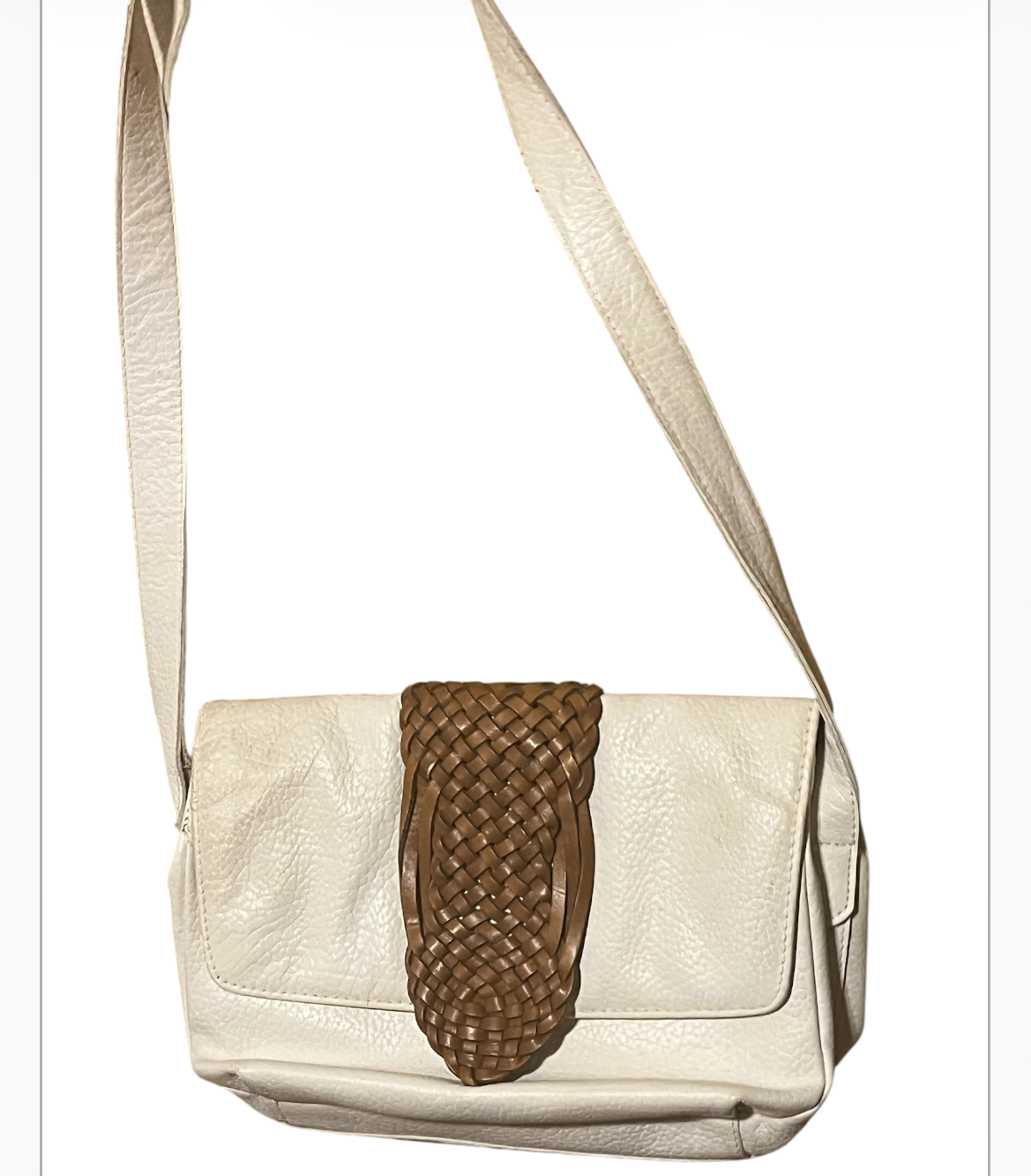 White Leather Crossbody Bag with Woven Panel — Vintage