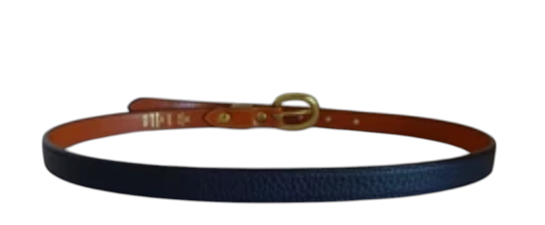 Recycle Me Fancy vintage Dooney & Bourke navy blue and British Tan leather belt with brass buckle and duck logo