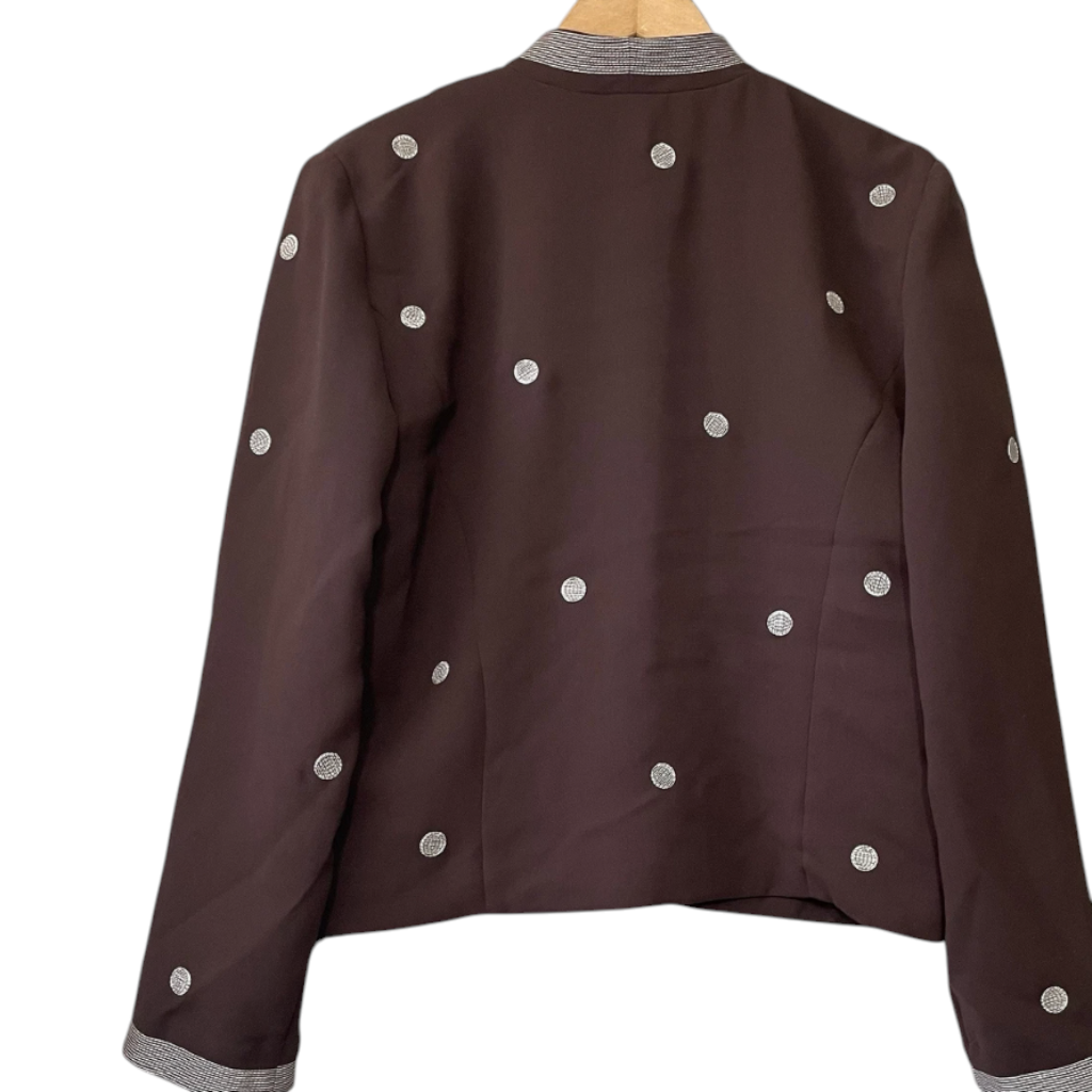 Recycle Me Fancy vintage Positivity chocolate brown crepe jacket with silver dotted embellishments and striped trim
