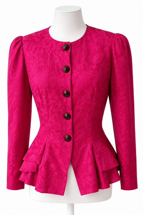 Recycle Me Fancy vintage Adrianna Papell fuchsia silk peplum jacket with tonal jacquard pattern and statement buttons