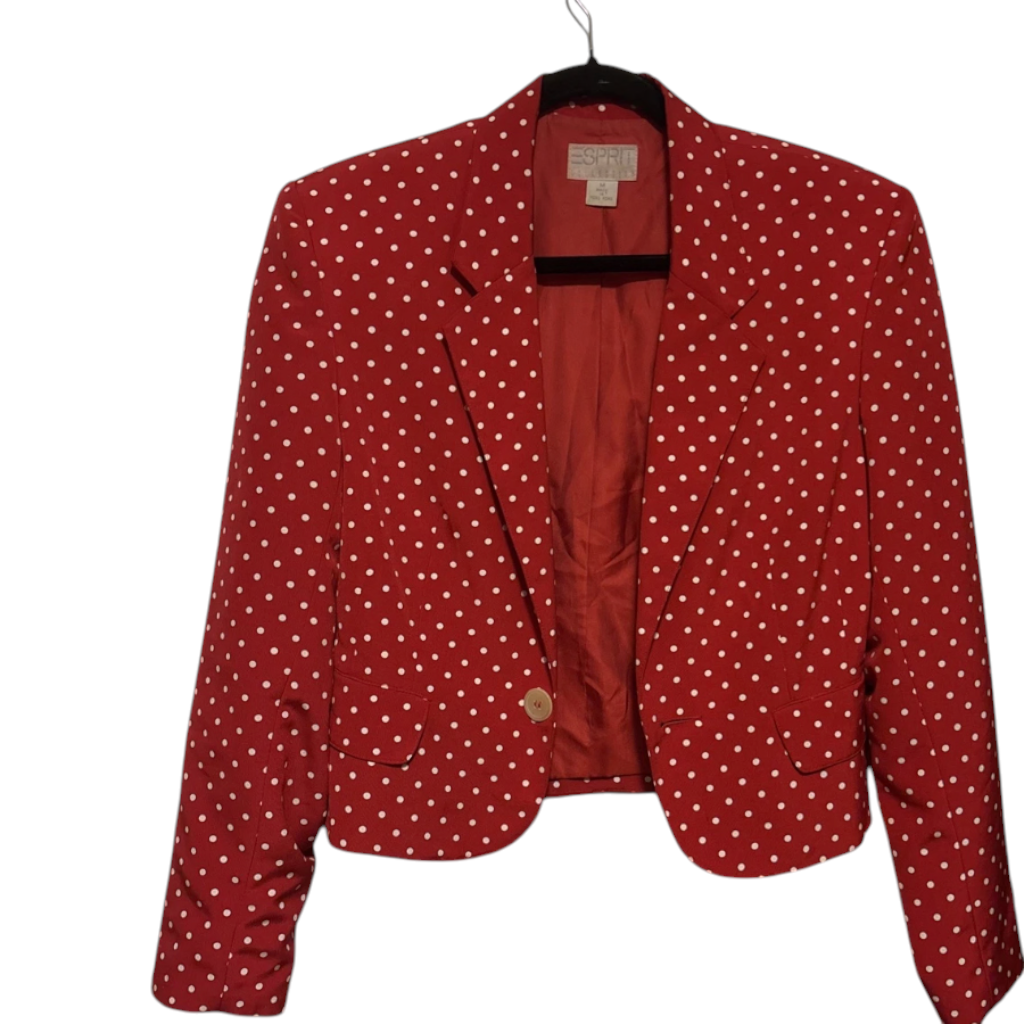 Recycle Me Fancy vintage 1990s ESPRIT red cropped blazer with white polka dots, notched lapels, and single-button front.
