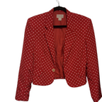 Recycle Me Fancy vintage 1990s ESPRIT red cropped blazer with white polka dots, notched lapels, and single-button front.